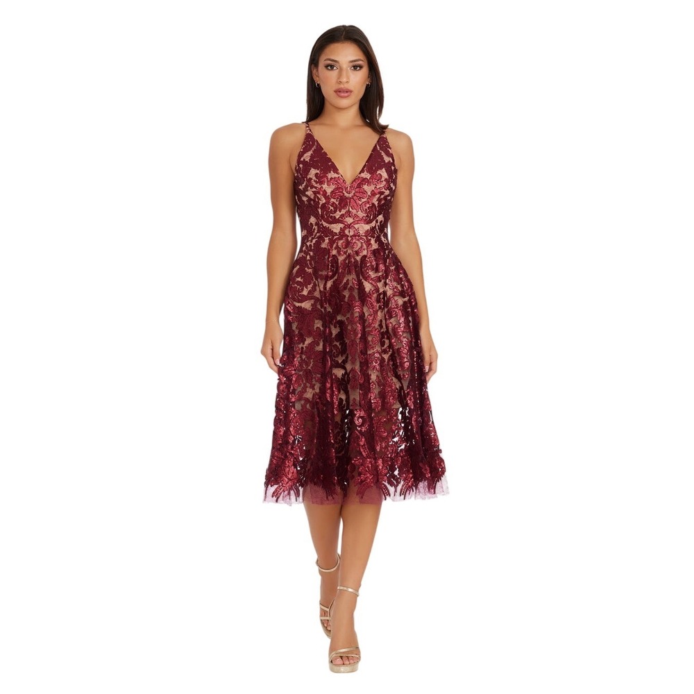 Dress The Population Blair Sequin Damask Midi Dress Berry Nude Womens Small